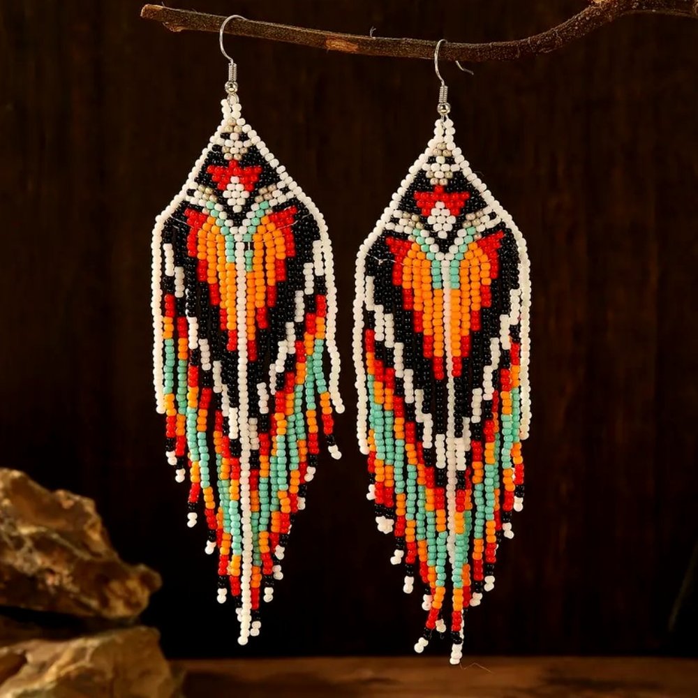 Beautiful Handmade Native Vintage Long Orange Bead Tassel • Boho Earrings